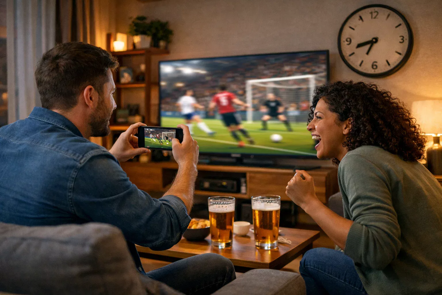 Amigos a assistir entusiasticamente a um jogo de futebol ao vivo na televisão, representando a emoção das apostas em tempo real