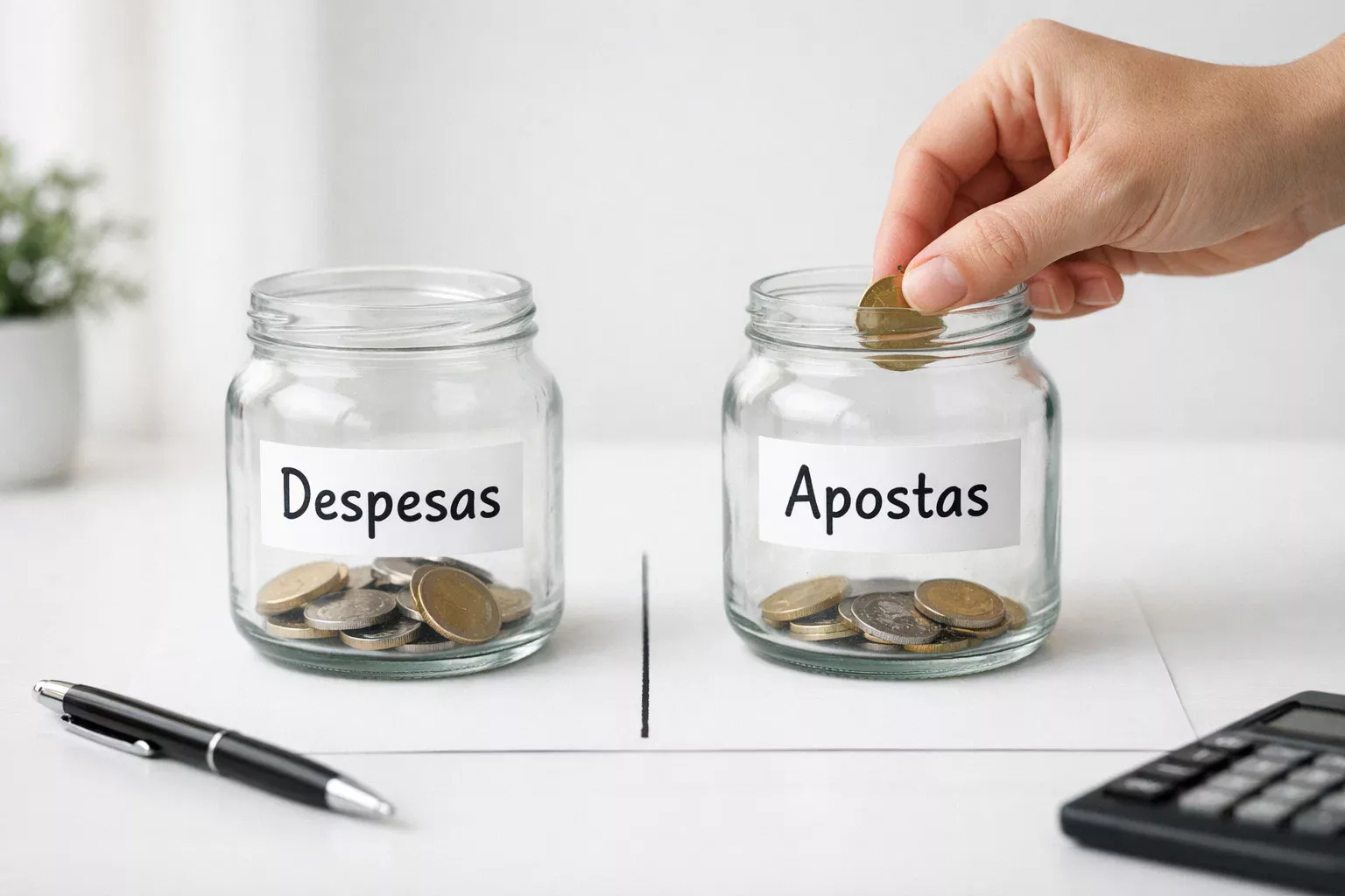 Dois frascos de vidro separando fundos de despesas e apostas ilustrando a separação financeira