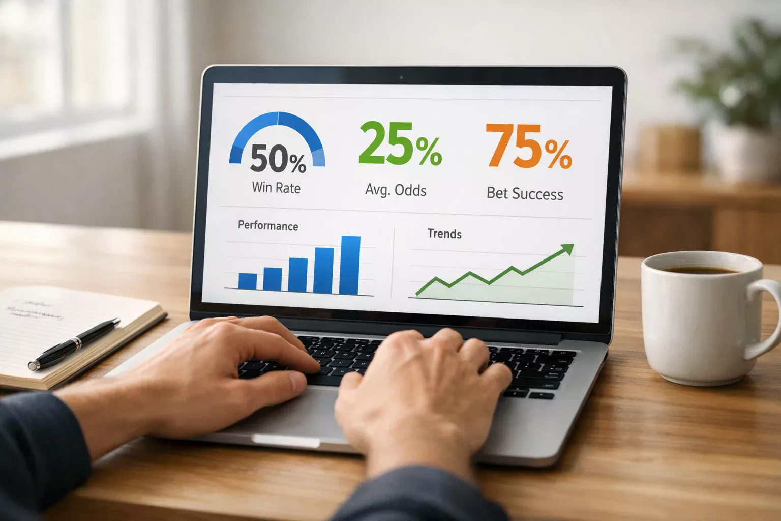 Espaço de trabalho profissional com laptop mostrando análise de probabilidades e odds de apostas desportivas