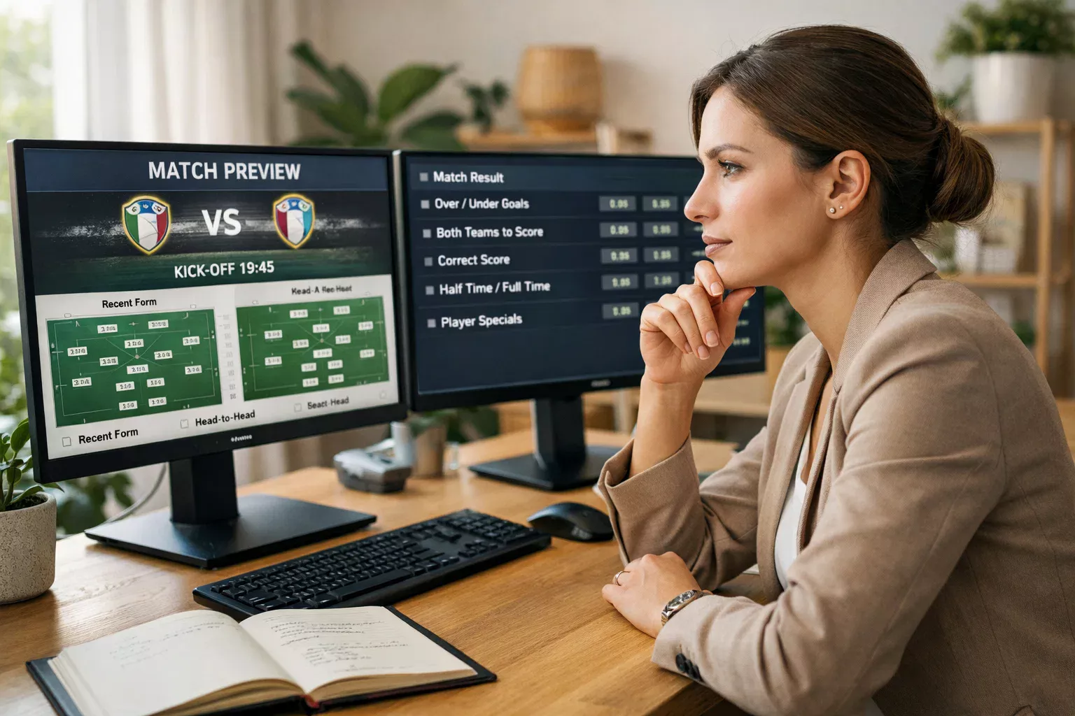 Profissional a analisar dados de futebol em dois monitores para escolher a melhor estratégia de aposta