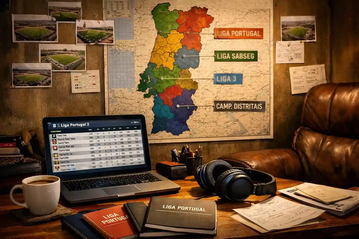Espaço de trabalho de analista especializado com mapa de Portugal e cadernos de diferentes ligas