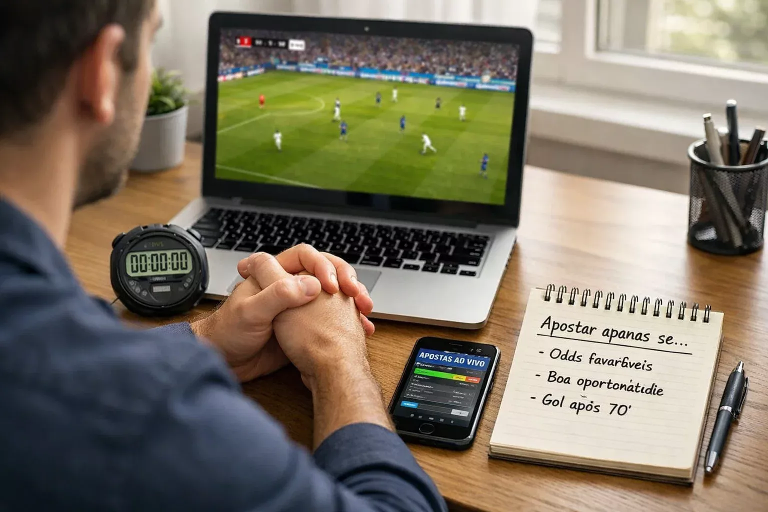 Setup organizado para apostas ao vivo com portátil, smartphone e caderno com critérios pré-definidos