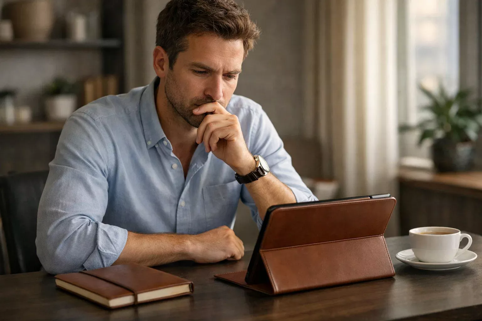 Profissional pensativo a analisar tablet com odds de forma prudente e disciplinada
