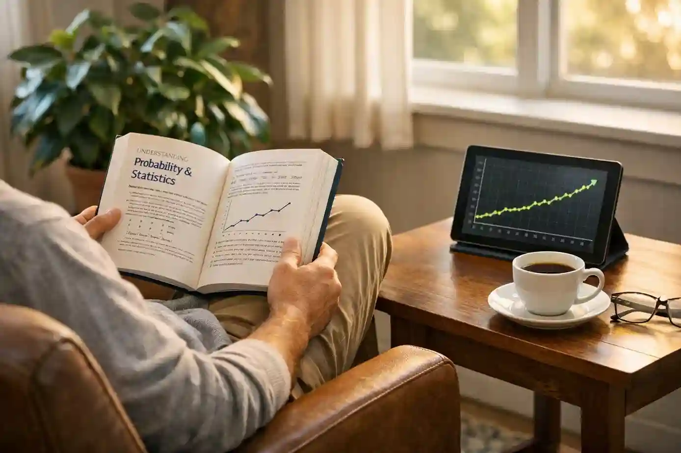 Pessoa a ler livro sobre probabilidade em ambiente calmo com tablet mostrando gráfico de crescimento modesto
