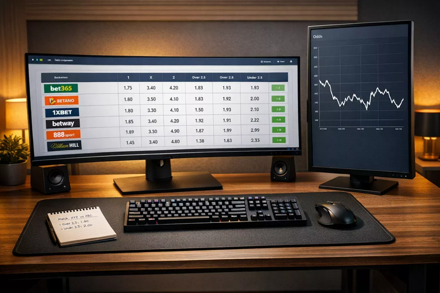 Estação de trabalho moderna com múltiplos monitores mostrando comparador de odds e gráficos de análise