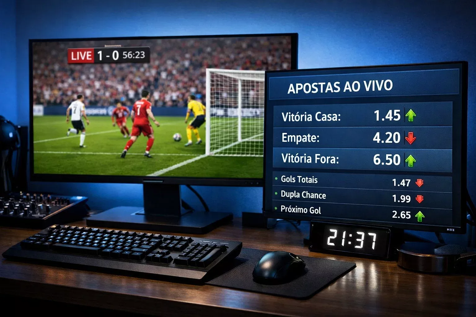 Setup com múltiplos ecrãs mostrando jogo ao vivo e interface de apostas com odds em actualização