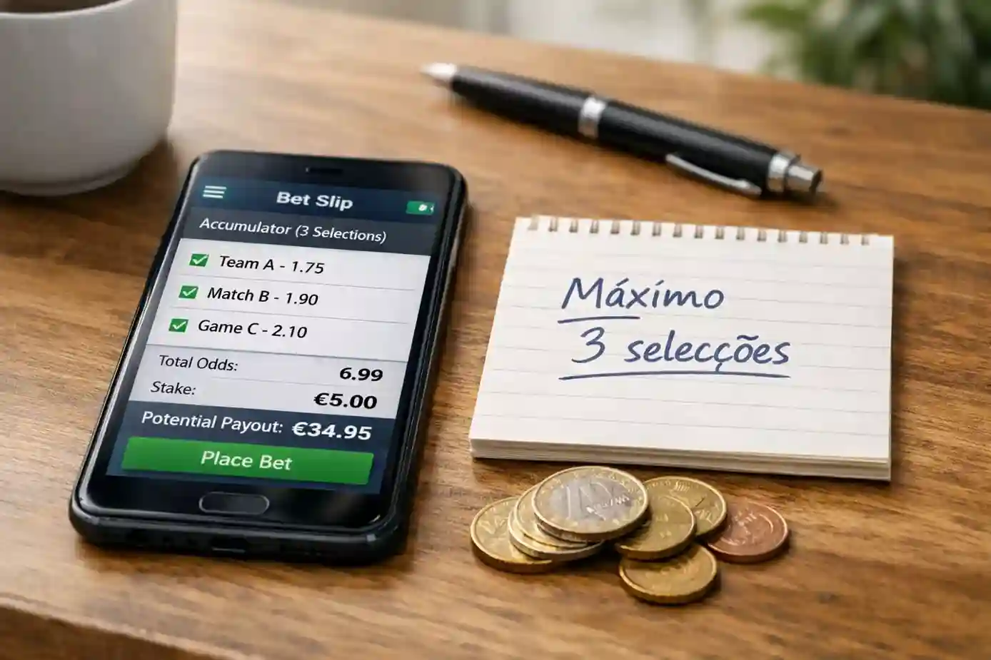 Smartphone com aposta múltipla de três selecções e nota manuscrita com regra de limite máximo