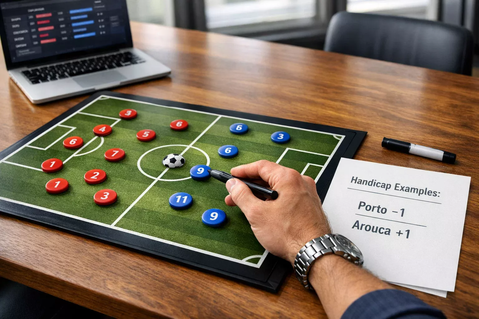 Quadro táctico de futebol com explicação visual do conceito de handicap e exemplos práticos