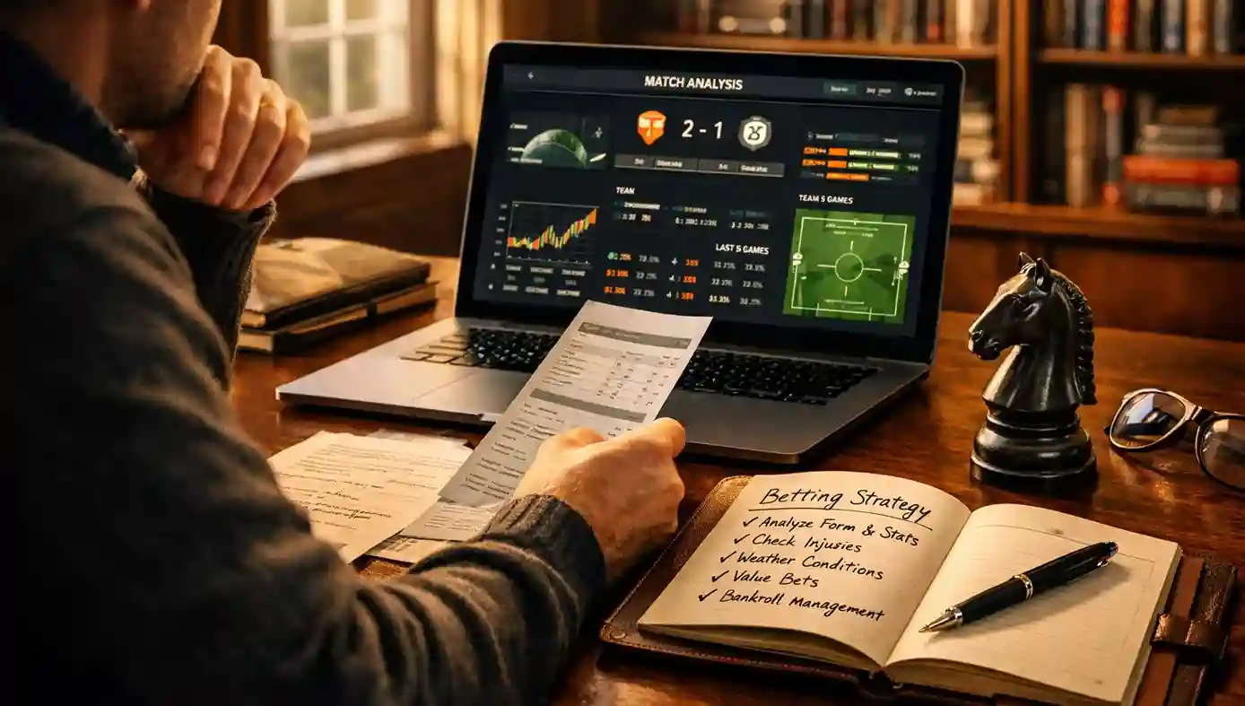 Ambiente de estudo estratégico com portátil, caderno e peça de xadrez simbolizando planeamento nas apostas