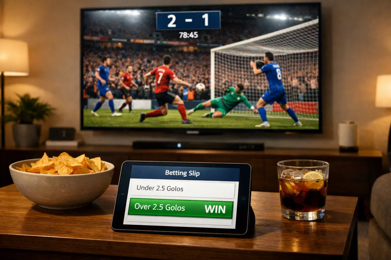 Televisão mostrando jogo de futebol com resultado 2-1 e tablet com aposta over 2.5 golos vencedora