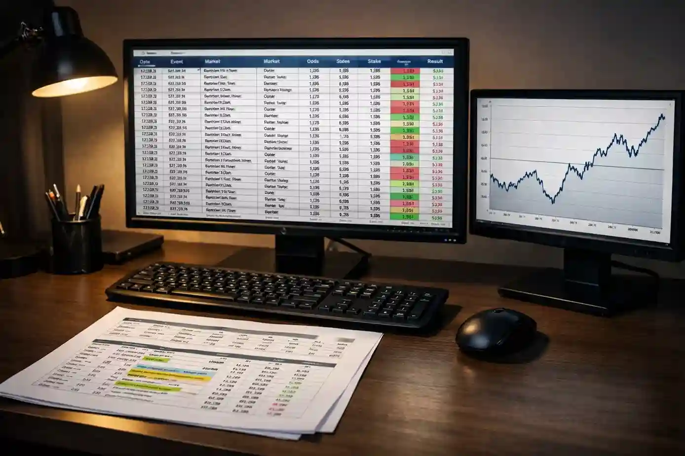 Setup com dois monitores mostrando folha de cálculo detalhada e gráfico de desempenho ao longo do tempo