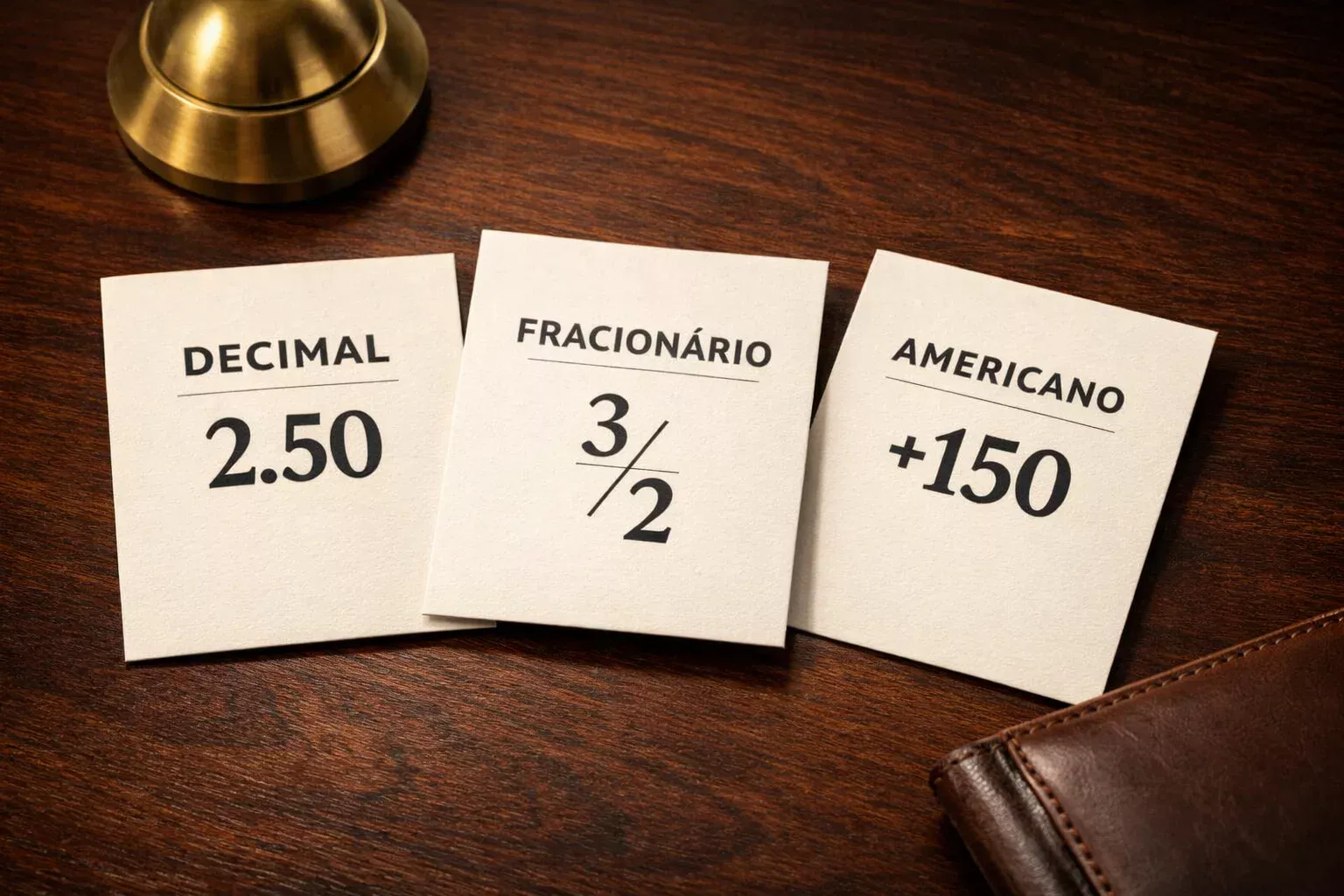 Três cartões elegantes mostrando formatos de odds decimal, fracionário e americano
