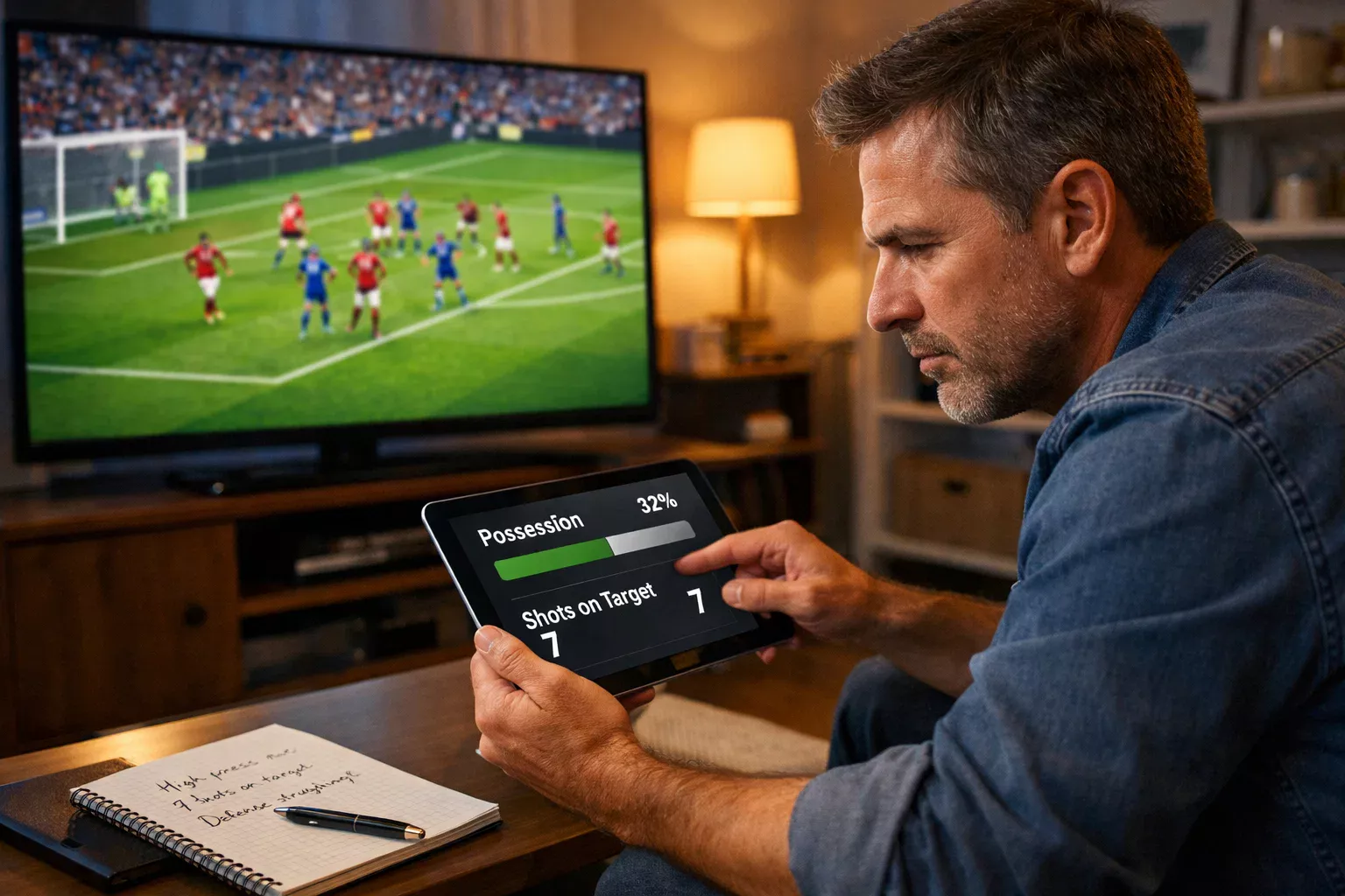 Analista desportivo a ver jogo na televisão enquanto consulta estatísticas em tempo real no tablet